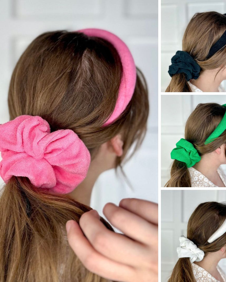 soft, absorbent matching terry cloth headband and scrunchie set in black, green, pink, and white