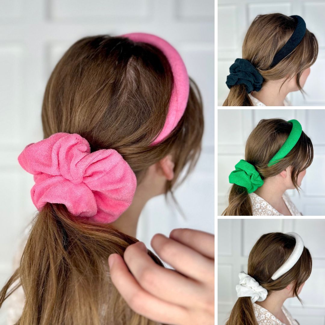 soft, absorbent matching terry cloth headband and scrunchie set in black, green, pink, and white