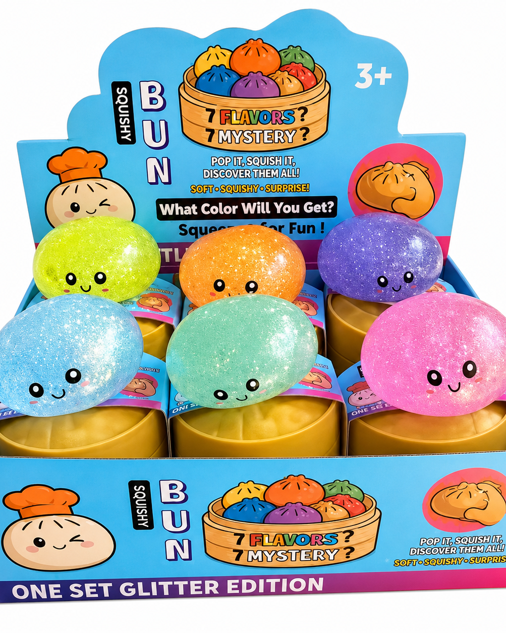 a mystery dumpling-shaped squishy fidget with assorted surprise colors, glittery finish, kawaii face, soft squeezable texture, and glow-in-the-dark feature in light blue, lime green, mint green, orange, pink, and purple