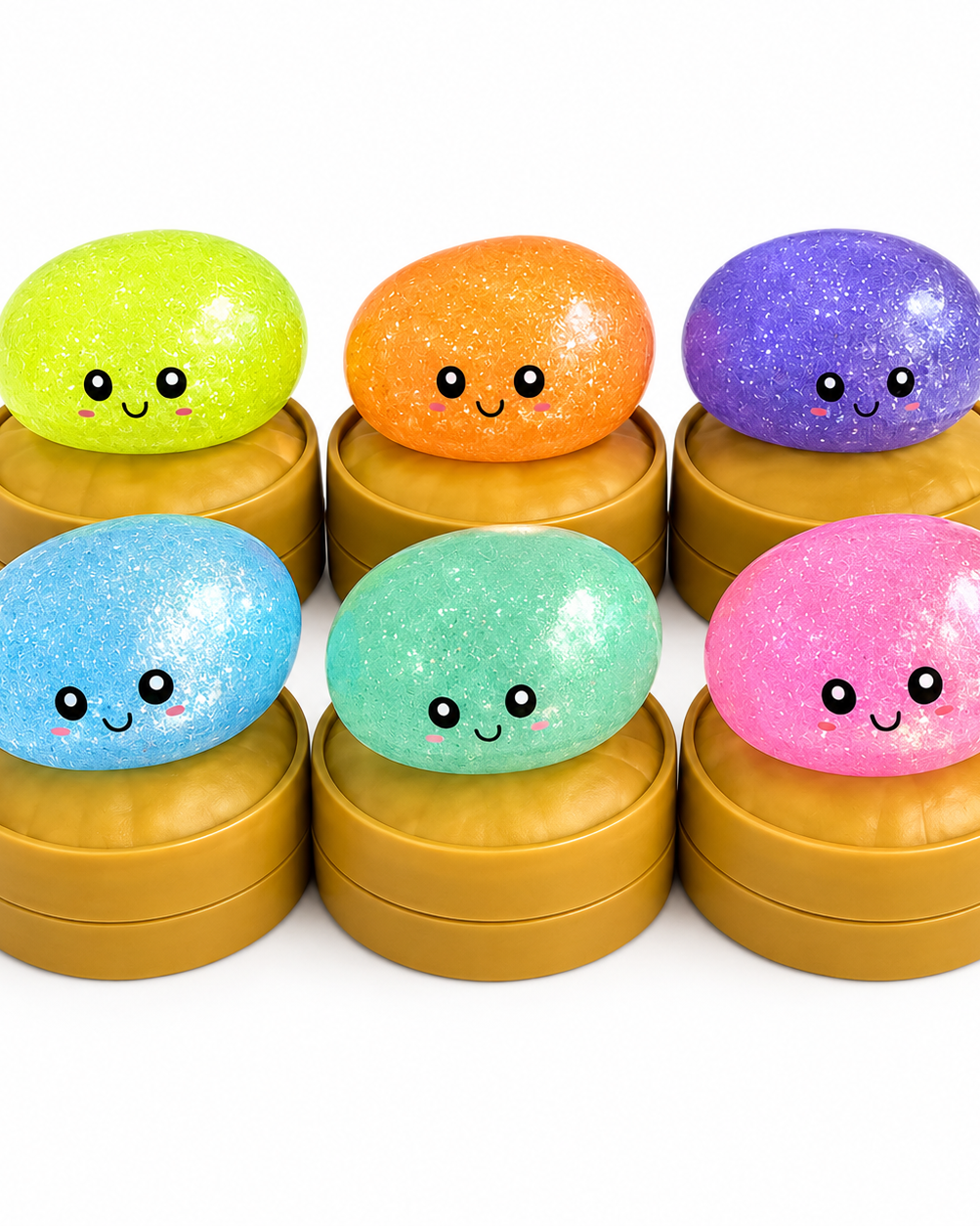 a mystery dumpling-shaped squishy fidget with assorted surprise colors, glittery finish, kawaii face, soft squeezable texture, and glow-in-the-dark feature in light blue, lime green, mint green, orange, pink, and purple