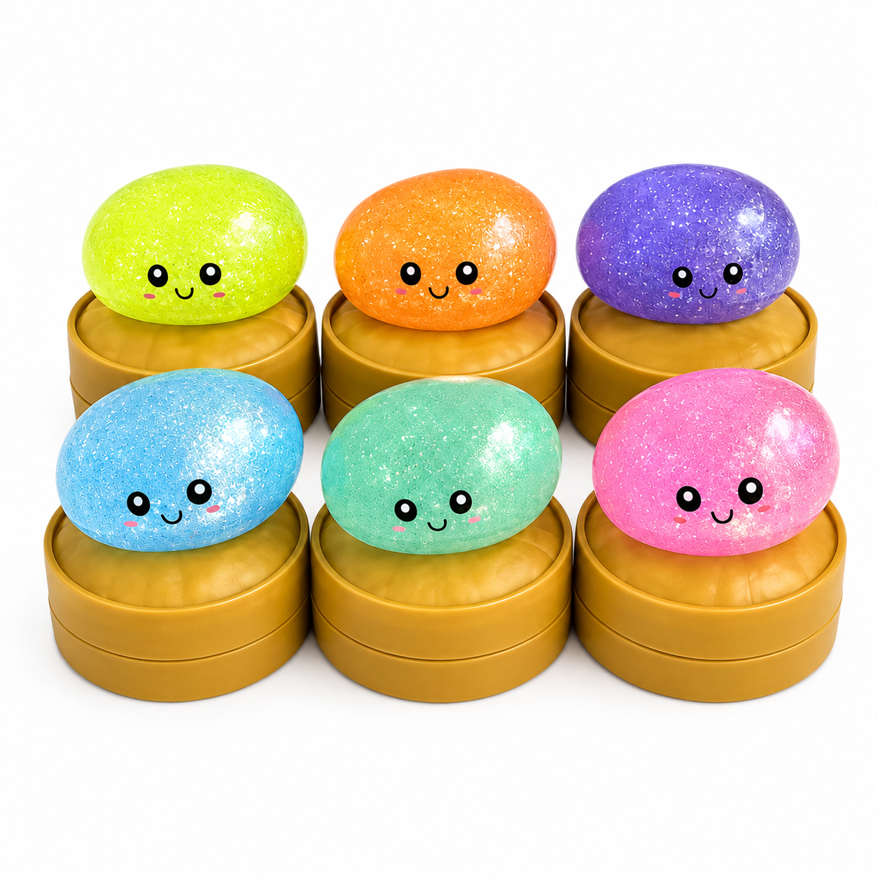 a mystery dumpling-shaped squishy fidget with assorted surprise colors, glittery finish, kawaii face, soft squeezable texture, and glow-in-the-dark feature in light blue, lime green, mint green, orange, pink, and purple