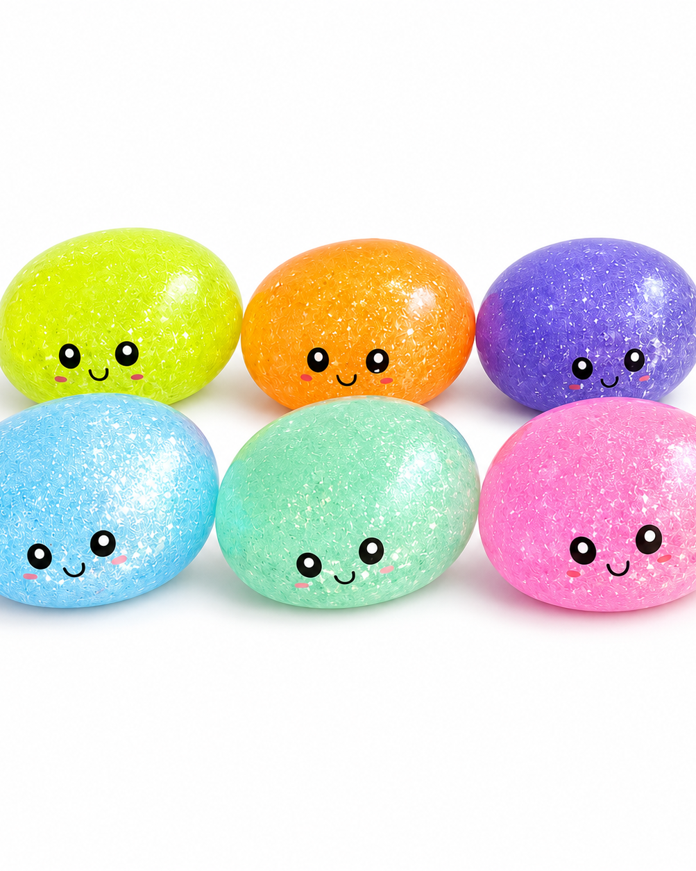 a mystery dumpling-shaped squishy fidget with assorted surprise colors, glittery finish, kawaii face, soft squeezable texture, and glow-in-the-dark feature in light blue, lime green, mint green, orange, pink, and purple