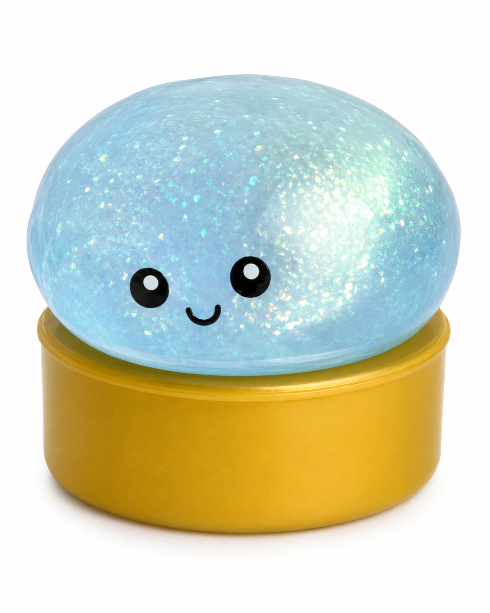 a light blue mystery dumpling-shaped squishy fidget with assorted surprise colors, glittery finish, kawaii face, soft squeezable texture, and glow-in-the-dark feature