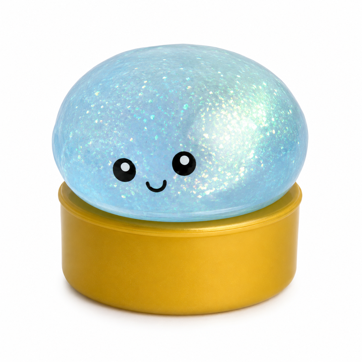 a light blue mystery dumpling-shaped squishy fidget with assorted surprise colors, glittery finish, kawaii face, soft squeezable texture, and glow-in-the-dark feature