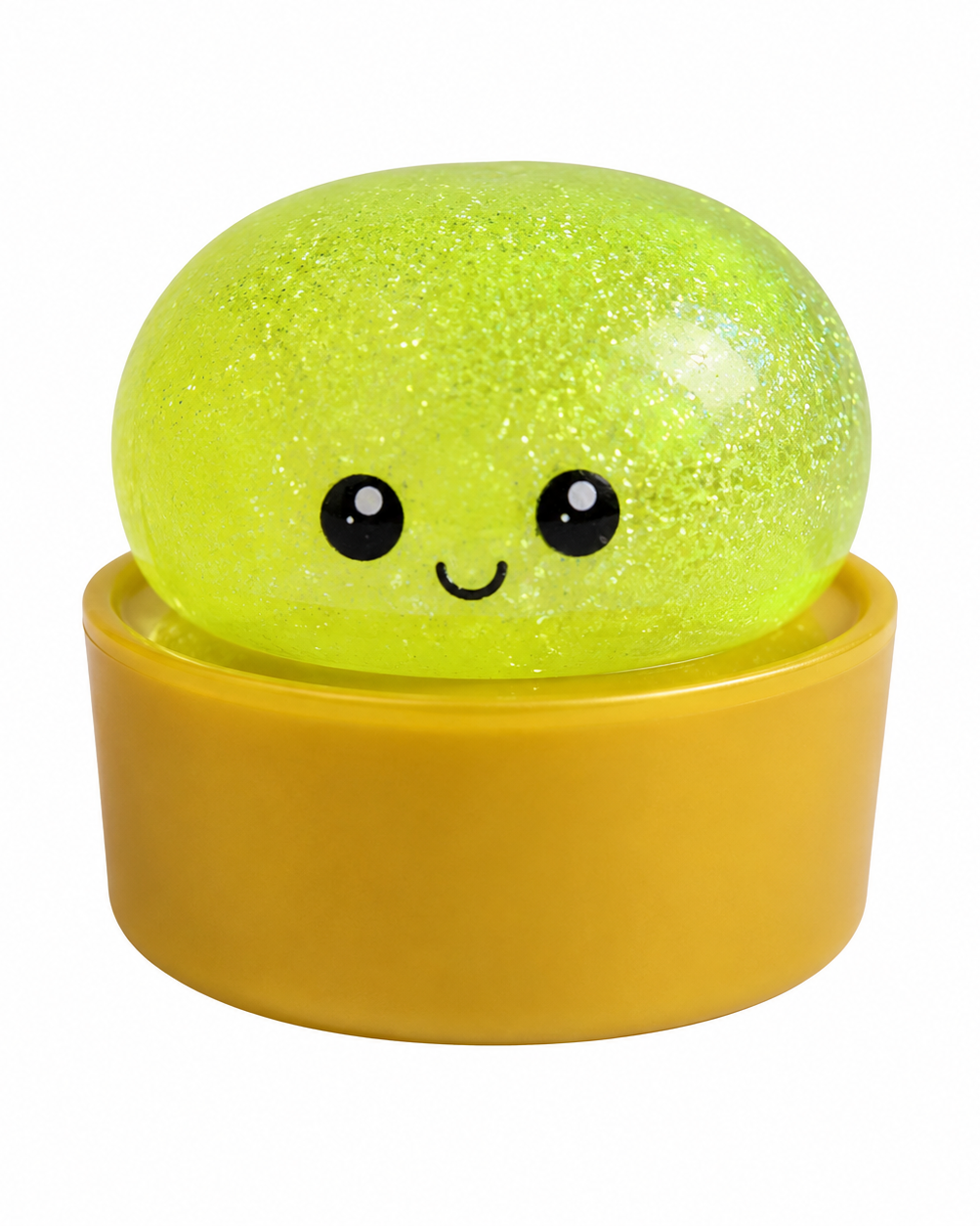 a lime green mystery dumpling-shaped squishy fidget with assorted surprise colors, glittery finish, kawaii face, soft squeezable texture, and glow-in-the-dark feature