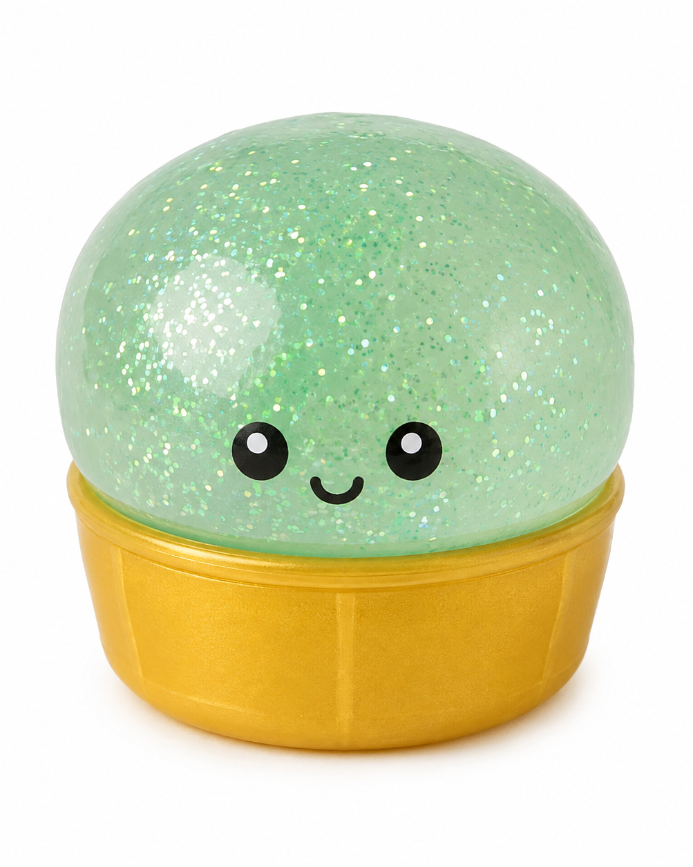 a mint green mystery dumpling-shaped squishy fidget with assorted surprise colors, glittery finish, kawaii face, soft squeezable texture, and glow-in-the-dark feature