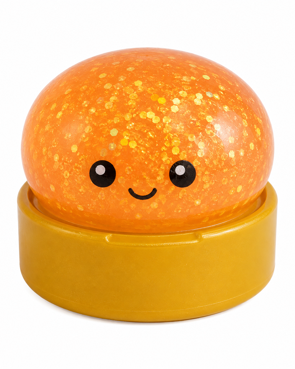 an orange mystery dumpling-shaped squishy fidget with assorted surprise colors, glittery finish, kawaii face, soft squeezable texture, and glow-in-the-dark feature