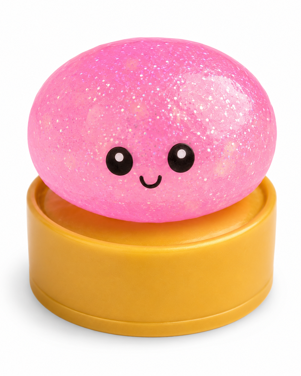 a pink mystery dumpling-shaped squishy fidget with assorted surprise colors, glittery finish, kawaii face, soft squeezable texture, and glow-in-the-dark feature