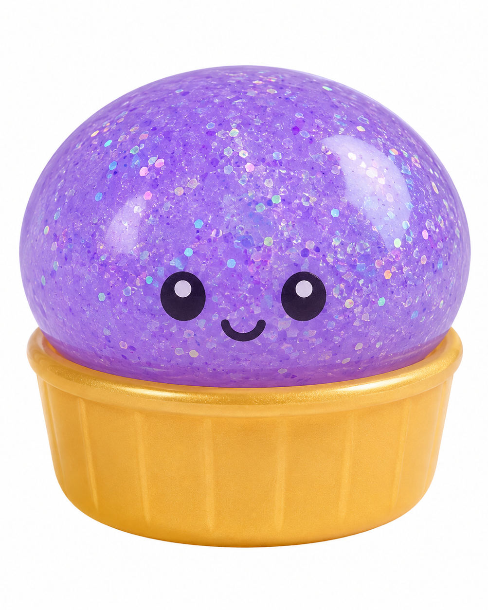 a purple mystery dumpling-shaped squishy fidget with assorted surprise colors, glittery finish, kawaii face, soft squeezable texture, and glow-in-the-dark feature