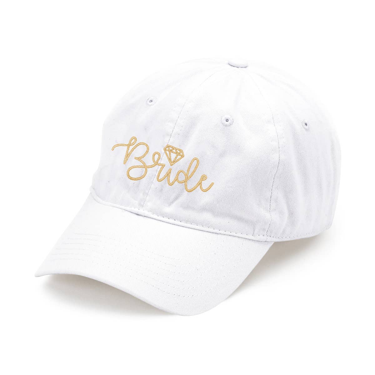 White cap with 'Bride' and a diamond symbol in gold on a white background