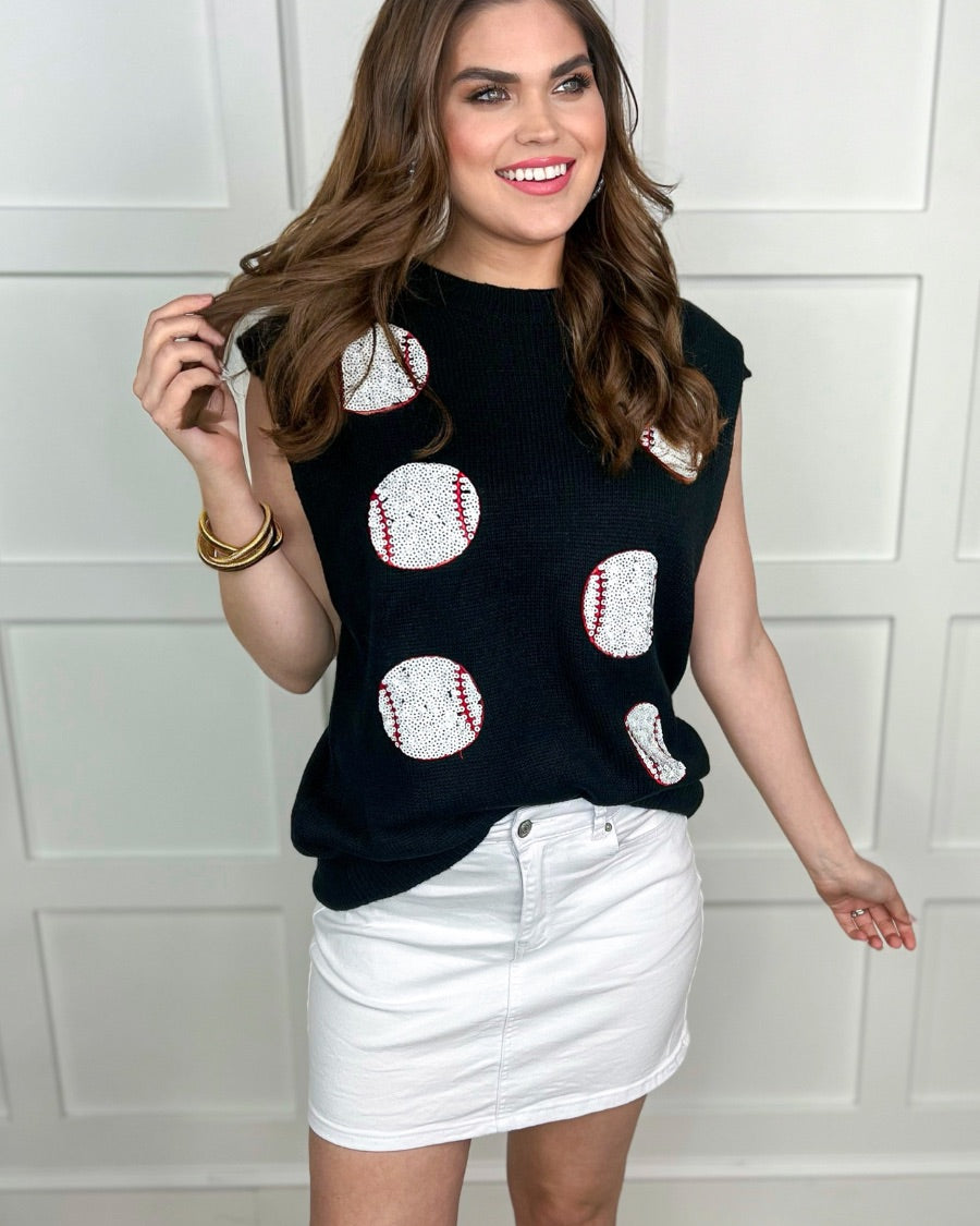 a black sleeveless sweater vest with an oversized fit, an allover textured baseball motif, and ribbed trim at the neckline, arm openings, and hem