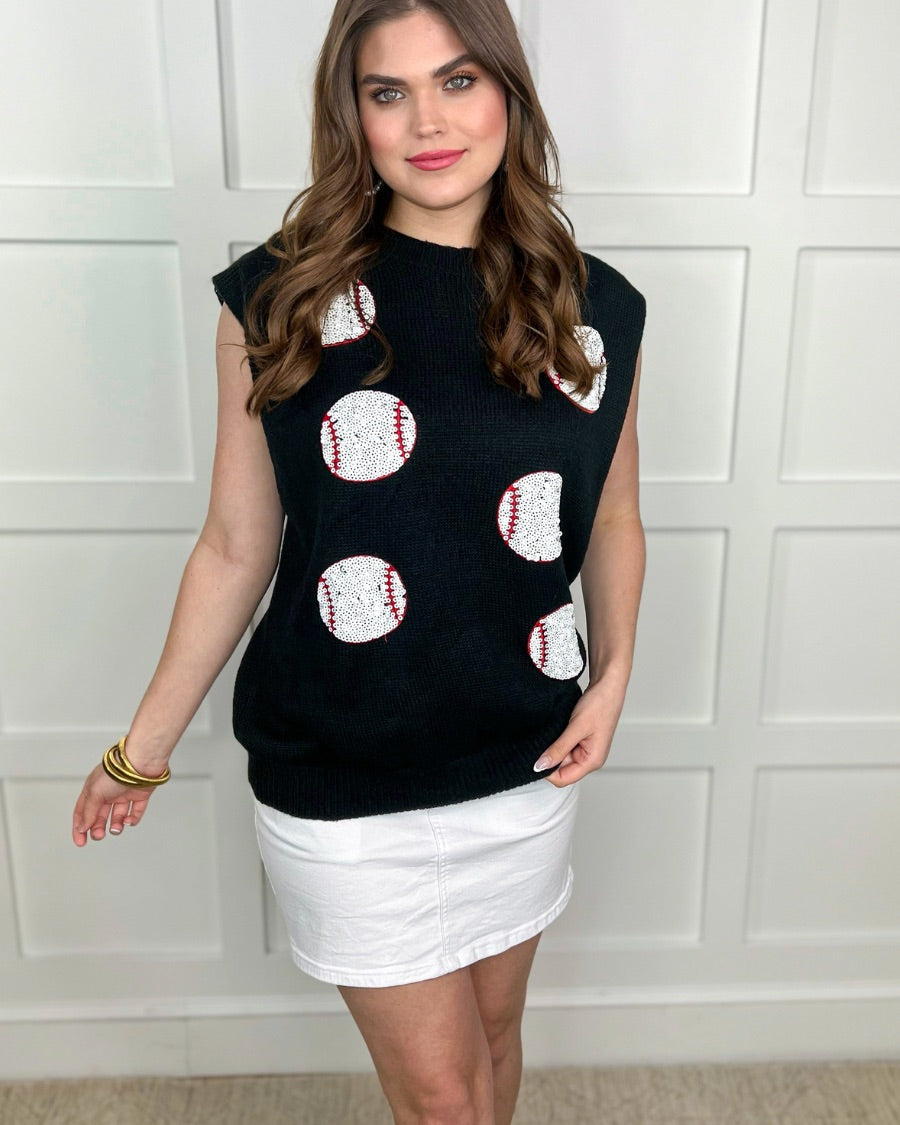a black sleeveless sweater vest with an oversized fit, an allover textured baseball motif, and ribbed trim at the neckline, arm openings, and hem
