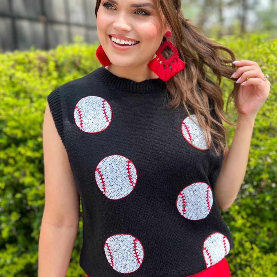 a black sleeveless sweater vest with an oversized fit, an allover textured baseball motif, and ribbed trim at the neckline, arm openings, and hem
