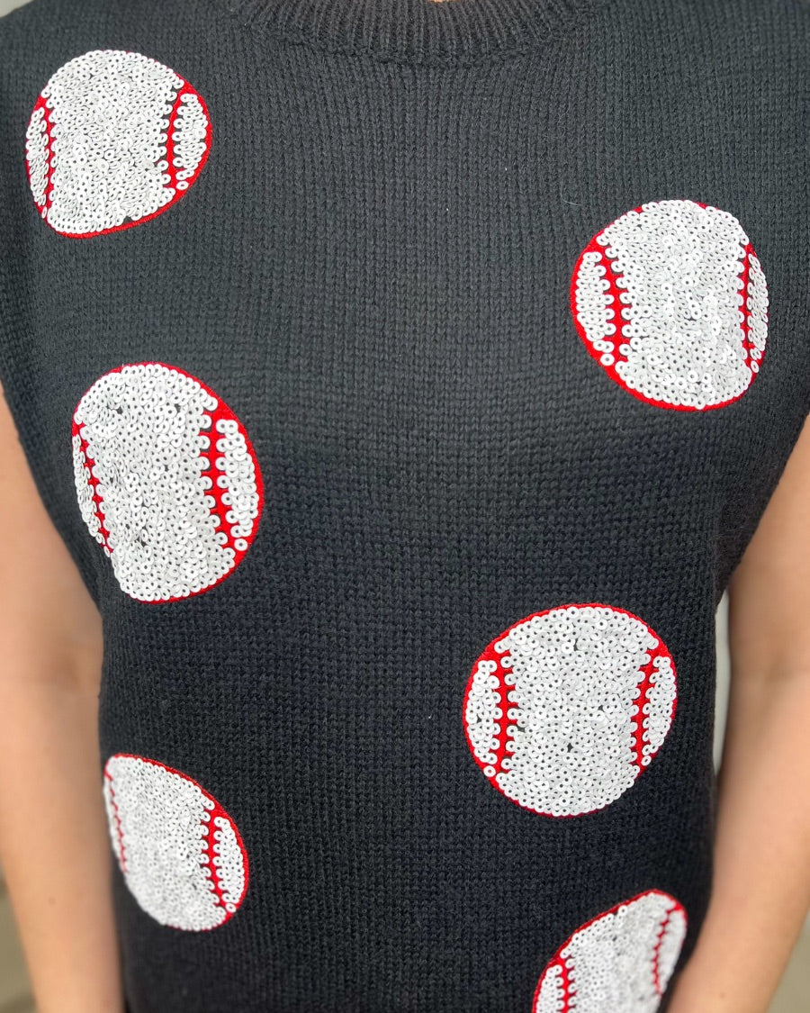 a black sleeveless sweater vest with an oversized fit, an allover textured baseball motif, and ribbed trim at the neckline, arm openings, and hem