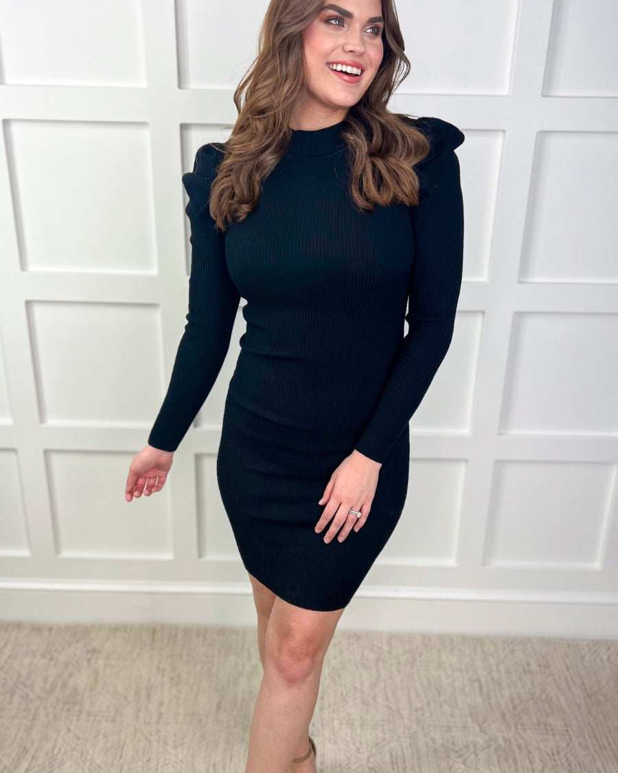 a mini bodycon dress with a flattering ribbed knit, long sleeves, a sophisticated mock neckline, and stylish puff sleeves in black