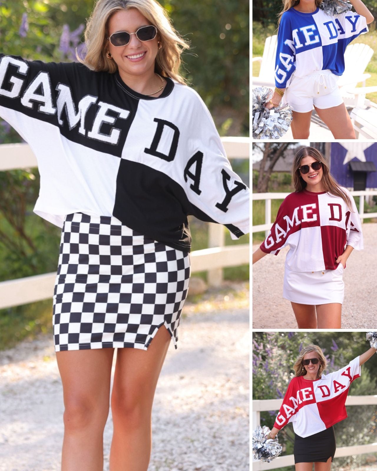 short-sleeve color block mom crop top with oversized chenille 'GAME DAY' lettering outlined in sequins, where GAME pops with a coordinating color outline to match the color block style, while DAY stands out with a crisp white outline in black, blue, maroon, and red