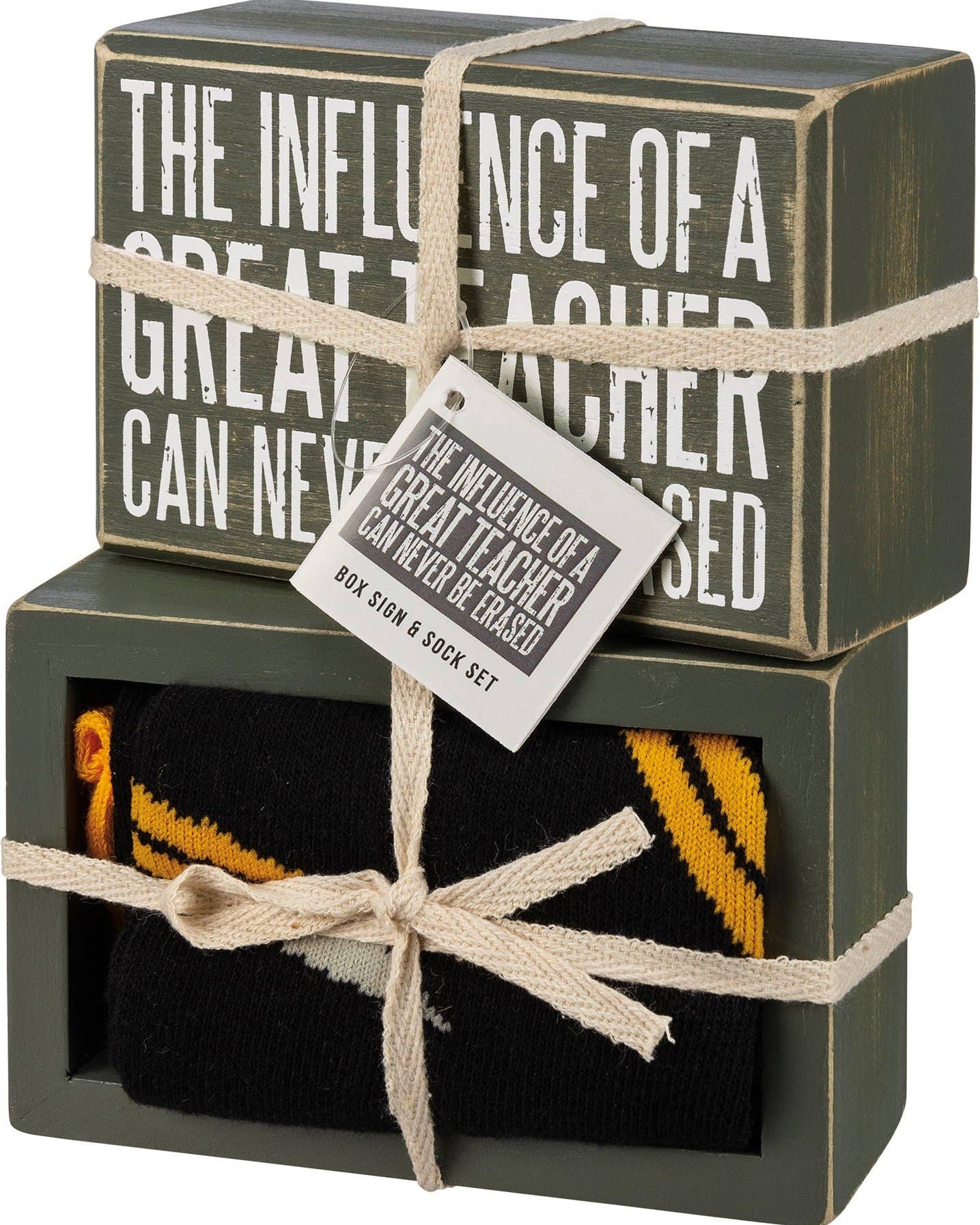 Boxed set of socks with a decorative tag and text on a white background