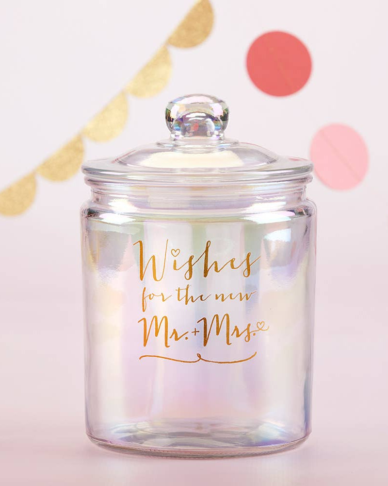 Glass jar with 'Wishes for the new Mr & Mrs' text on a polka dot background