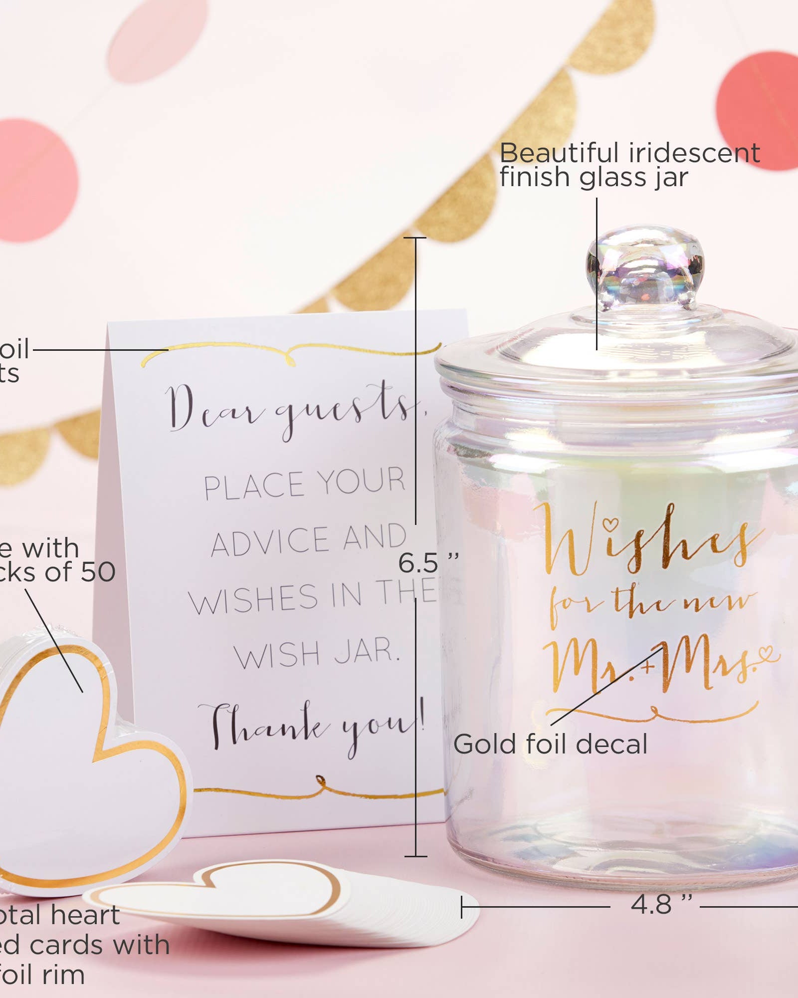 Iridescent glass wish jar with gold foil accents and a card for guests to write wishes.