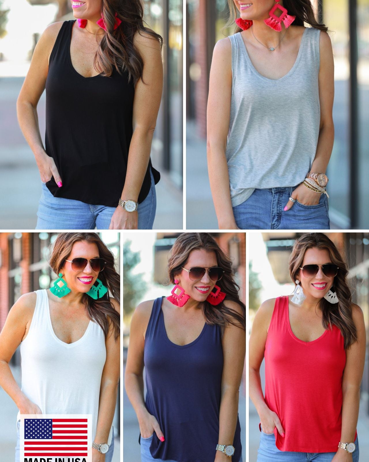 MADE IN USA a sleeveless style tank with a v-neck neckline, side slits, a back center seam, and a rounded hi-lo hemline in black, grey, ivory, navy, and red