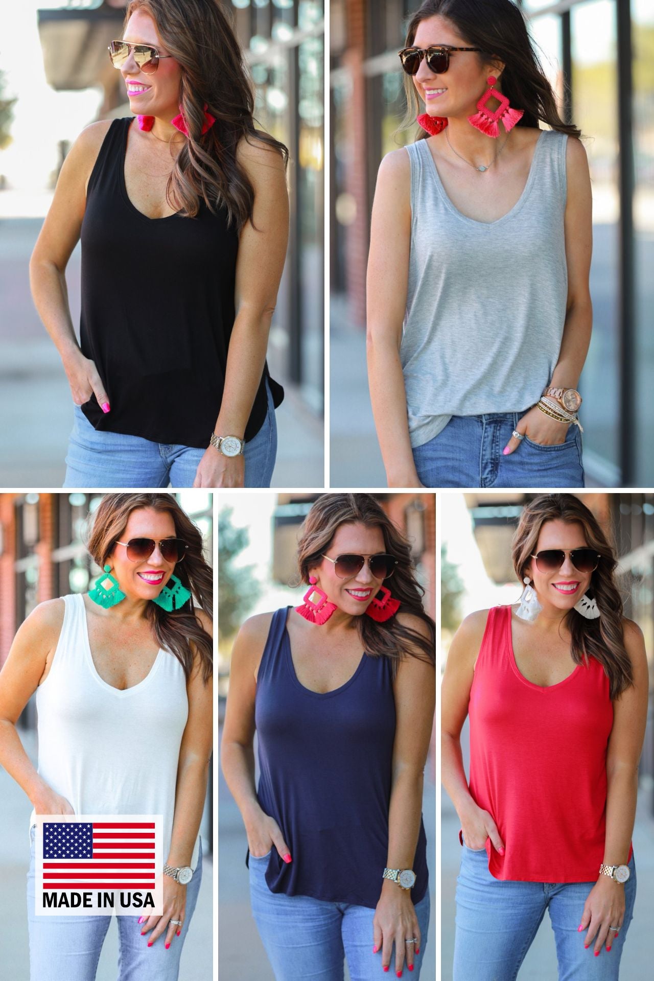 MADE IN USA a sleeveless style tank with a v-neck neckline, side slits, a back center seam, and a rounded hi-lo hemline in black, grey, ivory, navy, and red