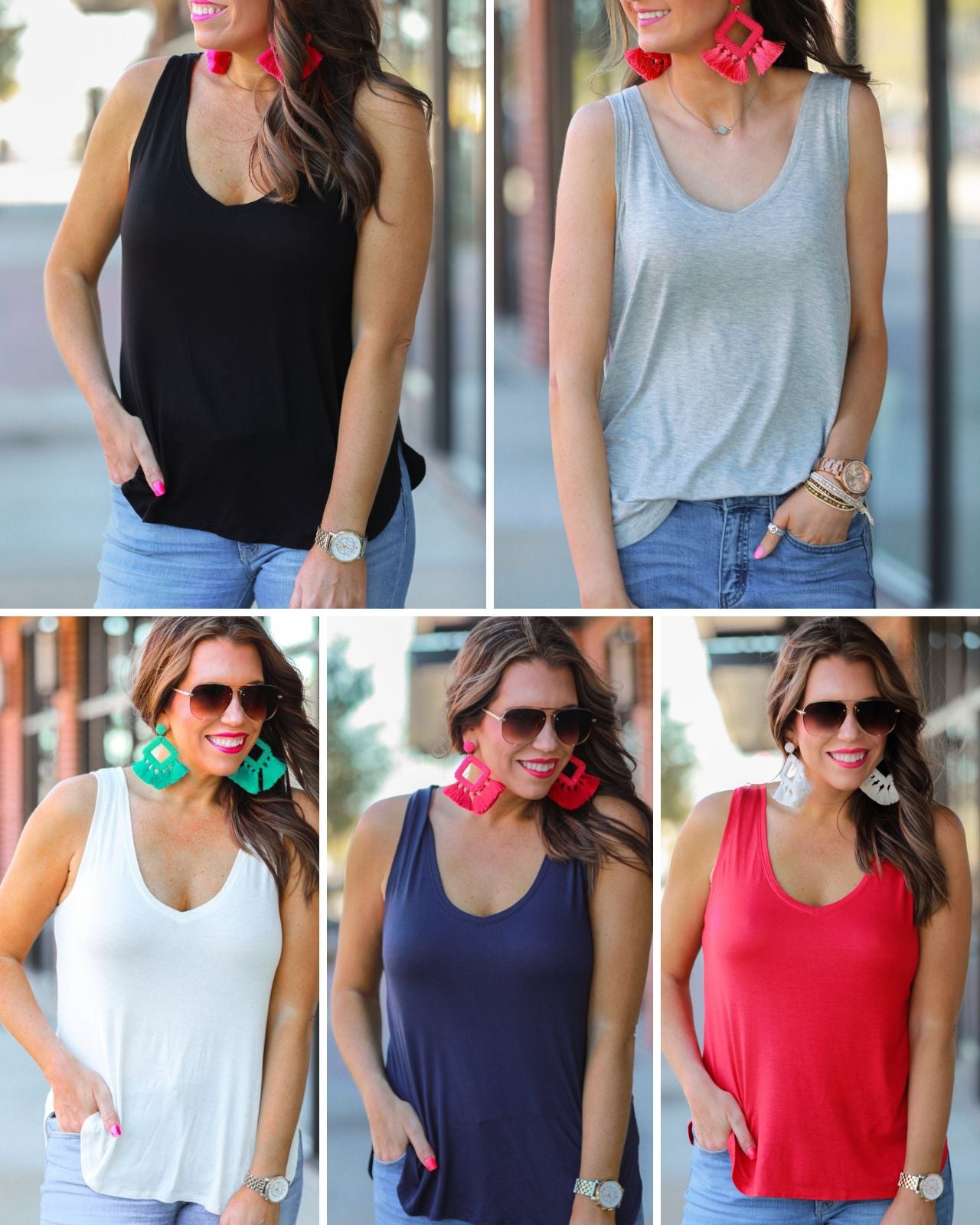 a sleeveless style tank with a v-neck neckline, side slits, a back center seam, and a rounded hi-lo hemline in black, grey, ivory, navy, and red