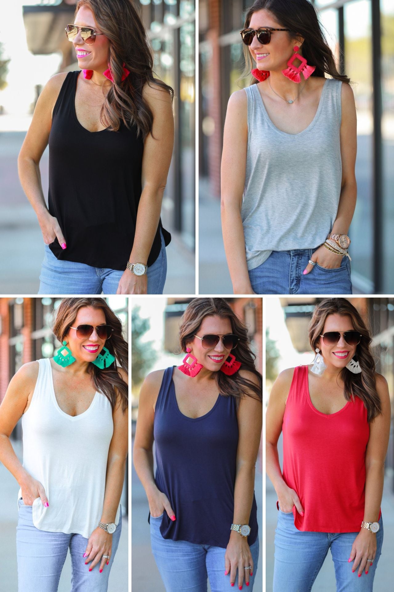 a sleeveless style tank with a v-neck neckline, side slits, a back center seam, and a rounded hi-lo hemline in black, grey, ivory, navy, and red