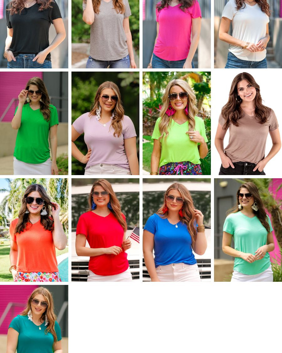 short-sleeved tee made of soft, breathable fabric with a V-neckline and a rounded hemline in black, heathered grey, hot pink, ivory, kelly green, lavender, lime, mocha, orange, red, royal blue, spearmint, and teal
