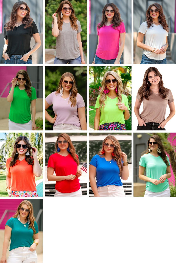 multiple colors of basic short sleeve tee with rounded hemline and v-neck