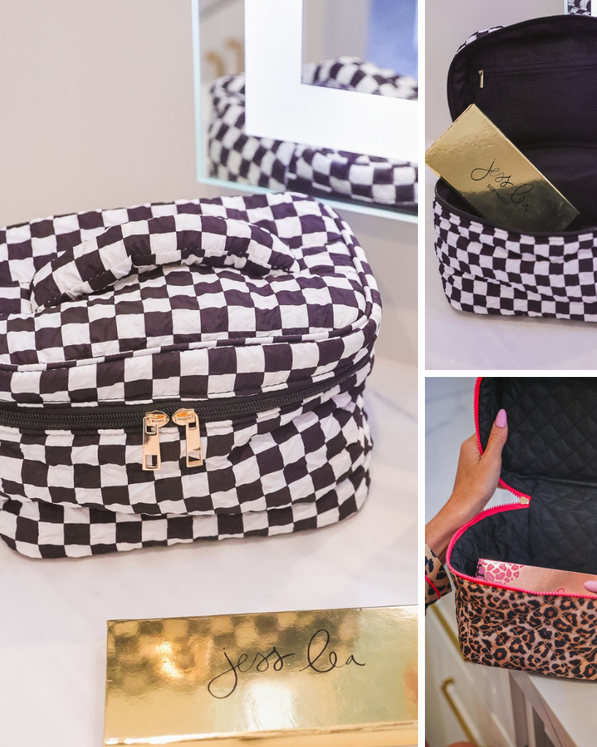 a structured bag with a spacious interior, a secure double zip around closure, a top handle, and gold accents on a quilted body in checkerboard checkered (black/white) and safari chic (leopard)