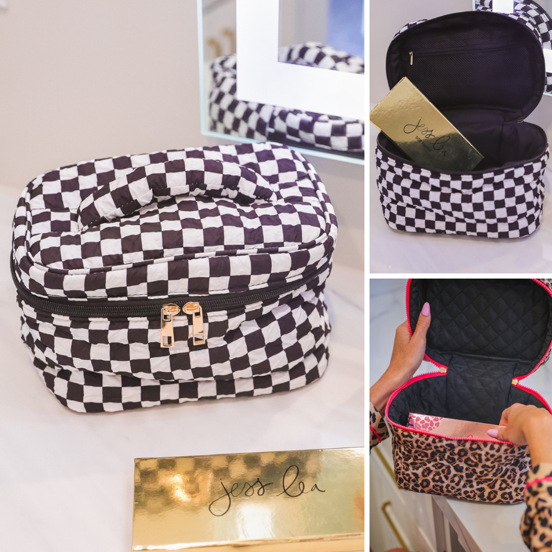 a structured bag with a spacious interior, a secure double zip around closure, a top handle, and gold accents on a quilted body in checkerboard checkered (black/white) and safari chic (leopard)