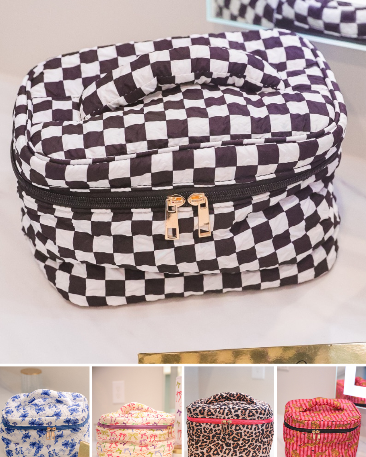 a structured bag with a spacious interior, a secure double zip around closure, a top handle, and gold accents on a quilted body in blue blossom (white/blue), checkerboard checkered (black/white), daylight bow (multi), safari chic (leopard), and savannah soirée (pink/raspberry)