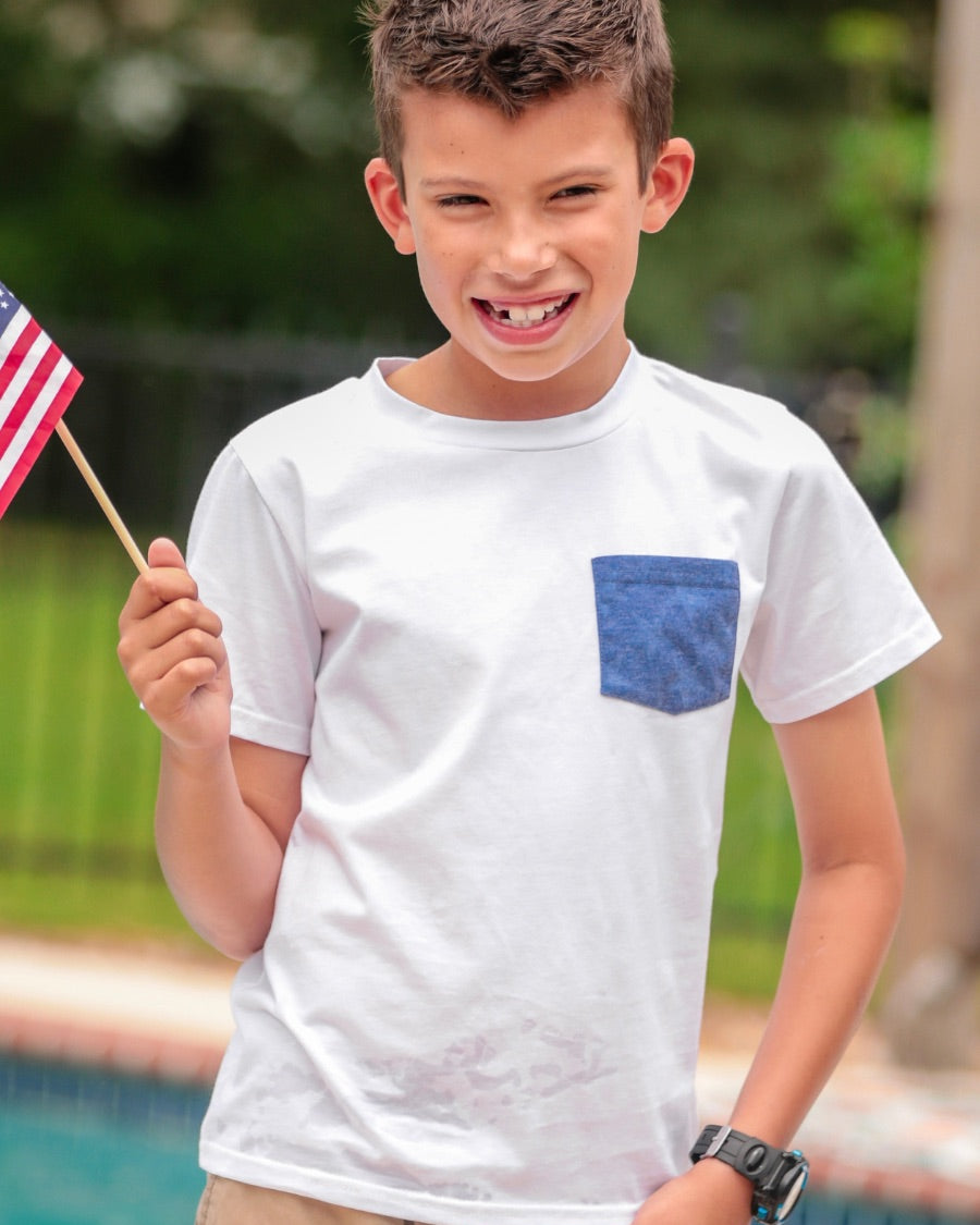 white short sleeve tee with blue star pattern print on pocket and round neckline