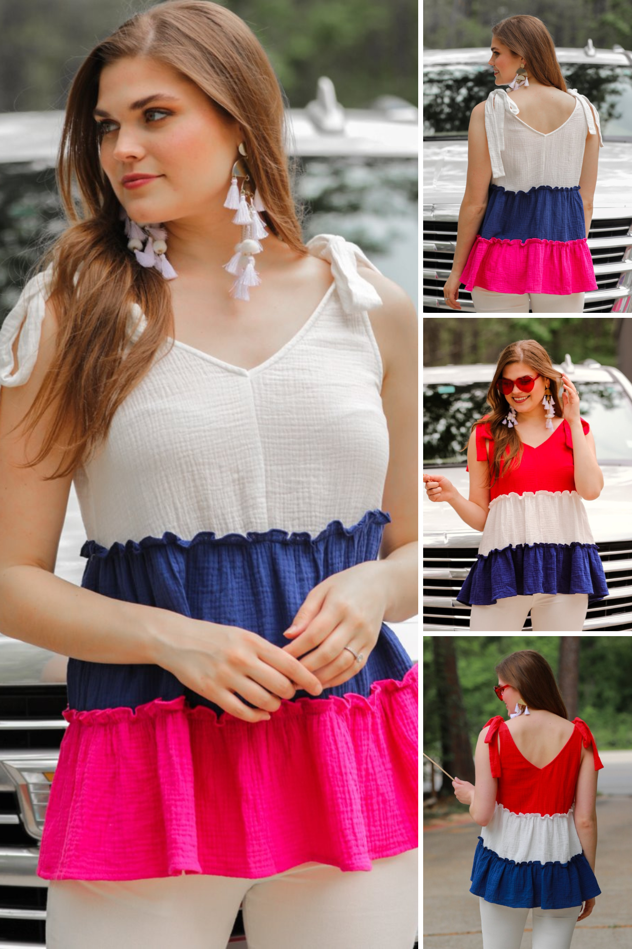 a tiered color block top with a V-neckline front and back, adjustable wide tie straps, a ruffled hem, and a relaxed, lightweight fit in pink and red