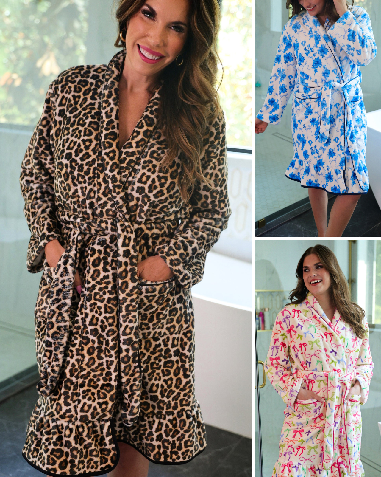a long sleeve robe with a flattering wrap silhouette, an adjustable waist tie, a playful ruffle hem, and deep patch pockets on ultra plush fabric in Blue Blossom (Blue), Daylight Bow (Multi), and Safari Chic (Leopard)