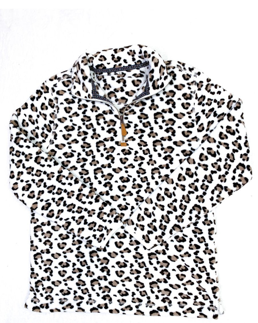 a long-sleeve pullover with a quarter zip, foldable collar, and a side split hem on a neutral leopard pattern fleece fabric