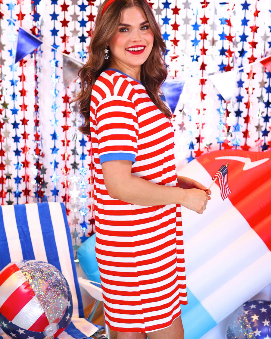 short-sleeve dress, crafted from ultra-soft fabric in a solid white color with horizontal red stripes, a blue collar, and cuffed sleeves