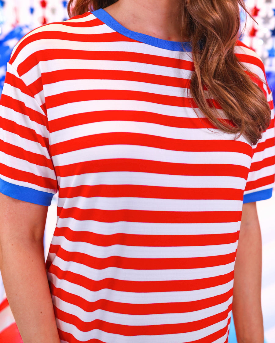 short-sleeve dress, crafted from ultra-soft fabric in a solid white color with horizontal red stripes, a blue collar, and cuffed sleeves