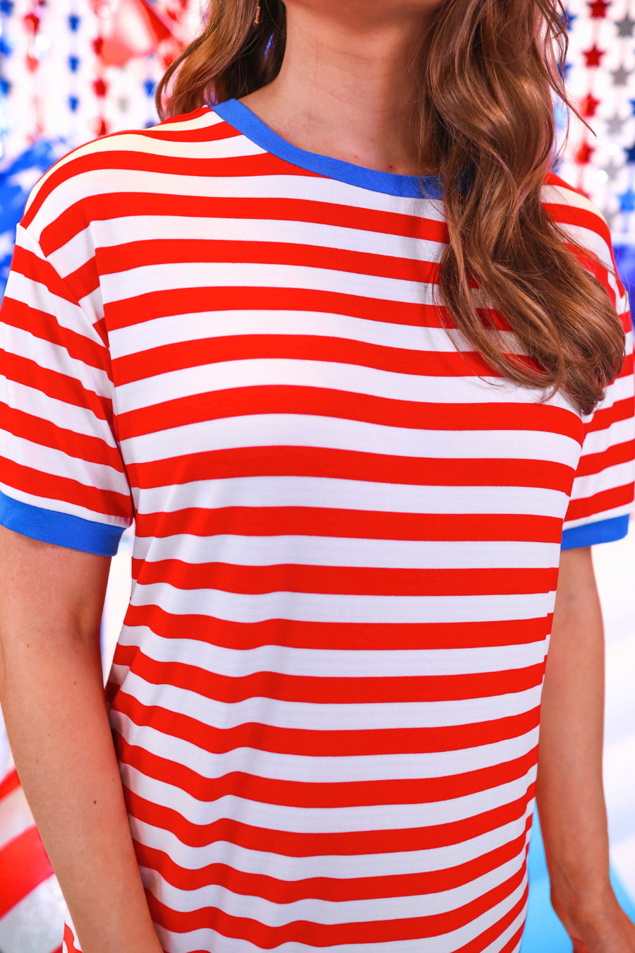 short-sleeve dress, crafted from ultra-soft fabric in a solid white color with horizontal red stripes, a blue collar, and cuffed sleeves