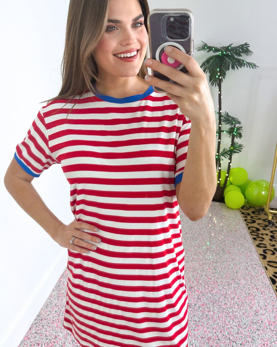 short-sleeve dress, crafted from ultra-soft fabric in a solid white color with horizontal red stripes, a blue collar, and cuffed sleeves