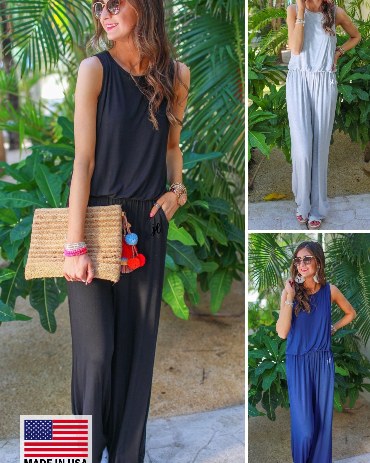 a sleeveless one-piece jumpsuit with wide 2.5" shoulder straps, a rounded neckline, elastic waist, side pockets, keyhole button back, and a relaxed flare leg silhouette in black, grey, and navy, accented with a MADE IN USA watermark in bottom left-hand corner