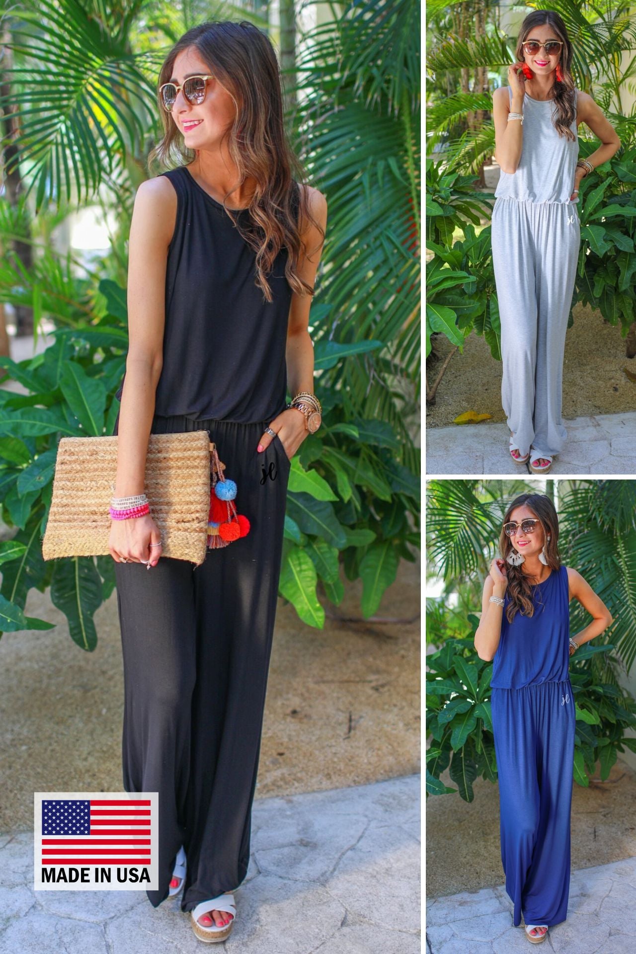 a sleeveless one-piece jumpsuit with wide 2.5" shoulder straps, a rounded neckline, elastic waist, side pockets, keyhole button back, and a relaxed flare leg silhouette in black, grey, and navy, accented with a MADE IN USA watermark in bottom left-hand corner