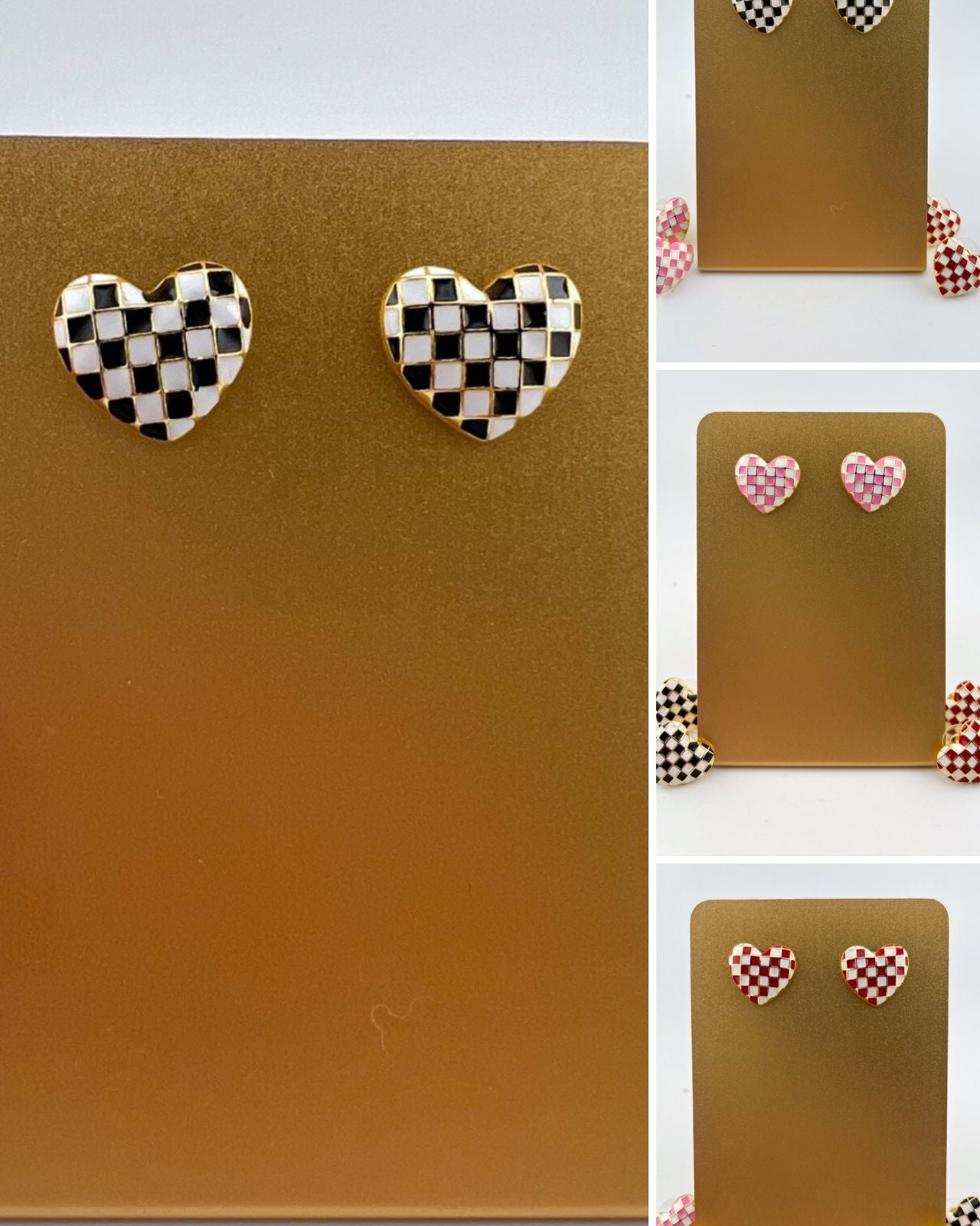 black, pink, and red colored heart-shaped stud earrings with a comfort earring back in gold