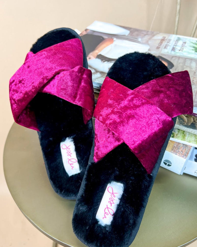 magenta velvet slippers with criss-cross pattern and rubber bottom