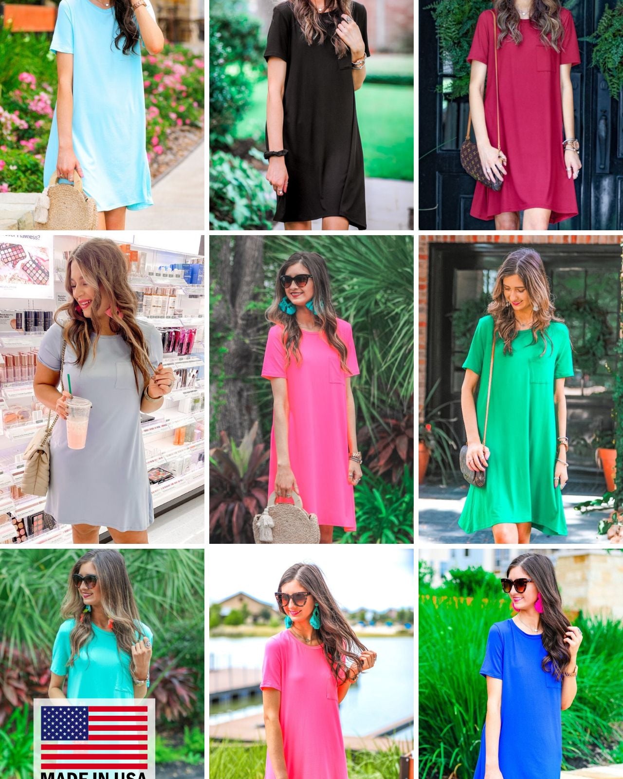 short sleeves made of super soft fabric with a round neckline, A-line style with a straight hemline, and a front chest pocket in aqua, black, burgundy, chambray, hot pink, kelly green, mint, neon pink, and royal blue with MADE IN USA watermark