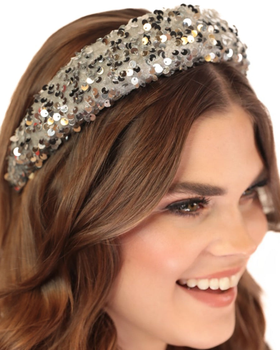 silver colored velvet sequin heaband