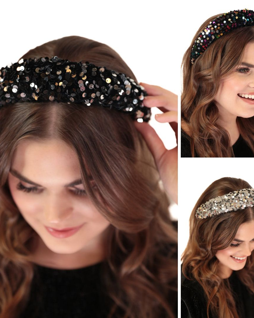 velvet sequins headband in black, multi, and silver