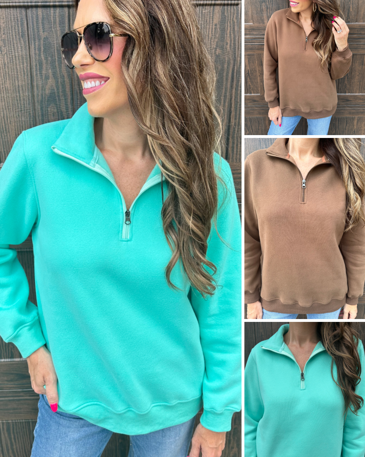 a long-sleeve pullover made of cozy fabric with a quarter zip, cuffs, and a split waistband hem in brown and turquoise