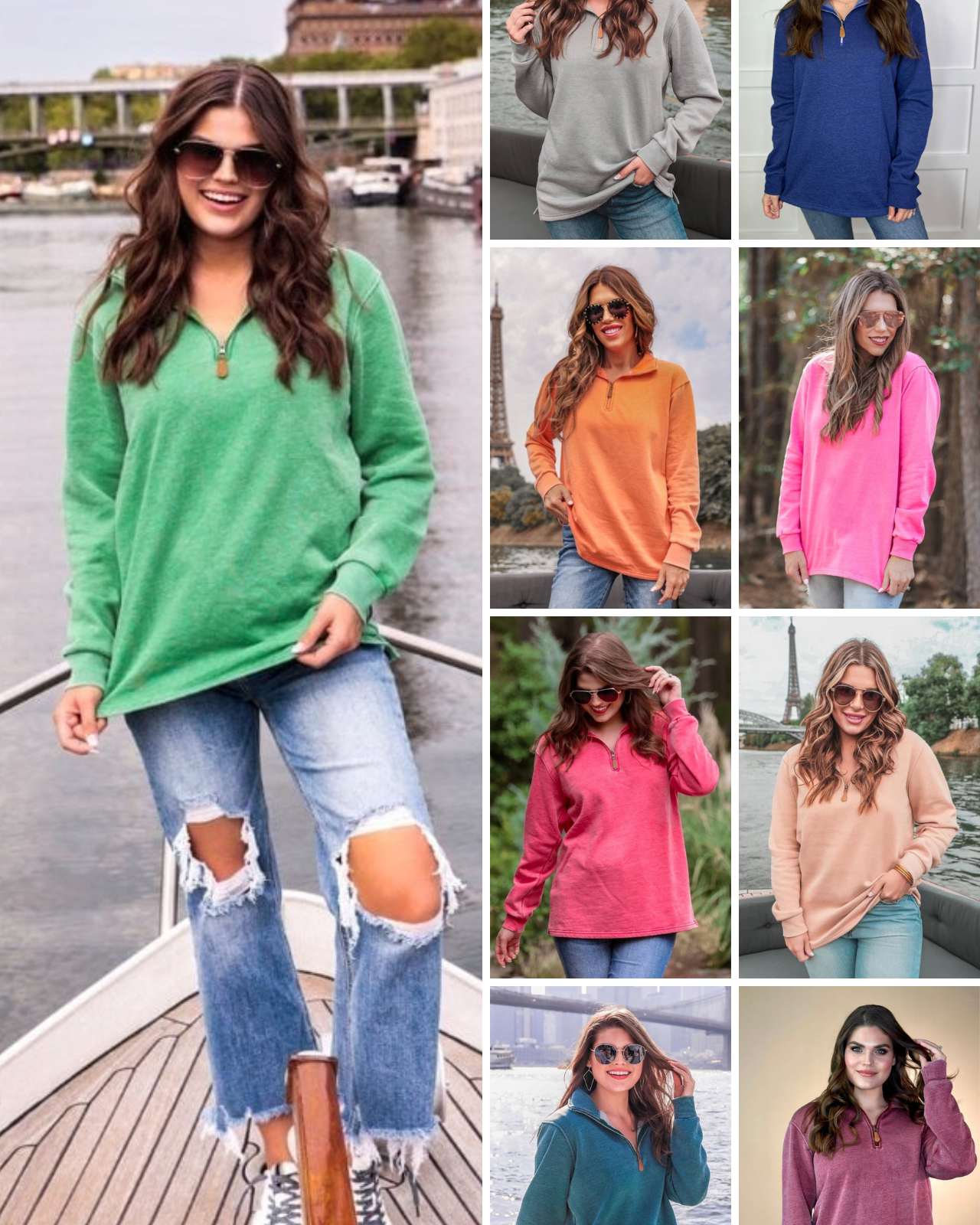 long sleeve pullover crafted from vintage wash fabric with a foldable collar, side slits, and a quarter zip in green, grey, navy, orange, pink, red, tan, teal, and wine