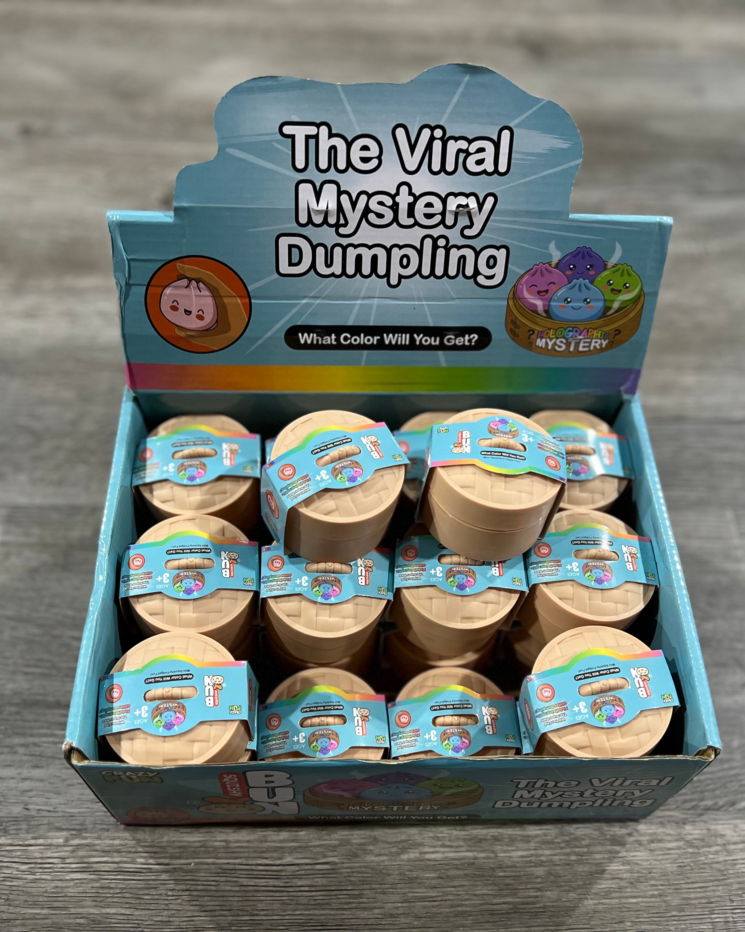A retail display box labeled 'The Viral Mystery Dumpling' filled with multiple small round dumpling packages, photographed on a gray wood floor.